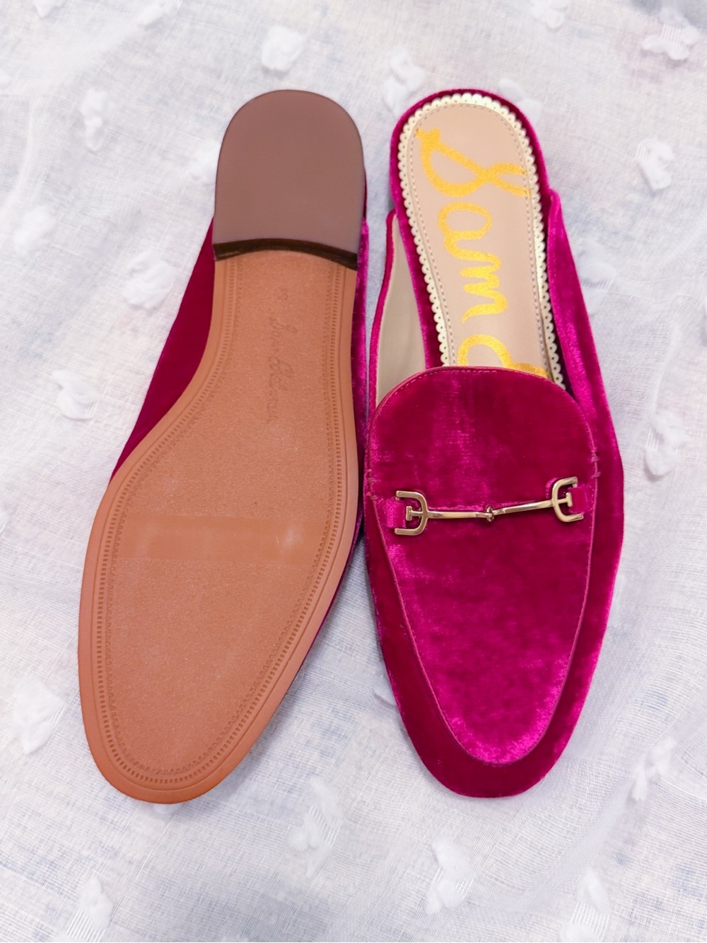 New! Sam Edelman Pink Velvet Backless Loafers in Fuchsia with Gold Bit